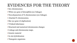  Sex chromosomes.
 White eye gene of drosophila (sex linkage).
 Non-disjunction of X chromosomes (sex linkage).
 Attached X chromosomes.
 Bar eye gene (A duplication)
 Y-linked inheritance
 Structural and numerical chromosome changes
 Linkage and chromosome maps.
 Genetic material
 In situ hybridization
 Transgenic organisms
 