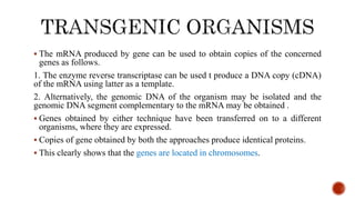  The mRNA produced by gene can be used to obtain copies of the concerned
genes as follows.
1. The enzyme reverse transcriptase can be used t produce a DNA copy (cDNA)
of the mRNA using latter as a template.
2. Alternatively, the genomic DNA of the organism may be isolated and the
genomic DNA segment complementary to the mRNA may be obtained .
 Genes obtained by either technique have been transferred on to a different
organisms, where they are expressed.
 Copies of gene obtained by both the approaches produce identical proteins.
 This clearly shows that the genes are located in chromosomes.
 