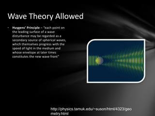 Huygens’ Principle – “each point on the leading surface of a wave disturbance may be regarded as a secondary source of spherical waves, which themselves progress with the speed of light in the medium and whose envelope at later times constitutes the new wave front”Wave Theory Allowedhttp://physics.tamuk.edu/~suson/html/4323/geometry.html