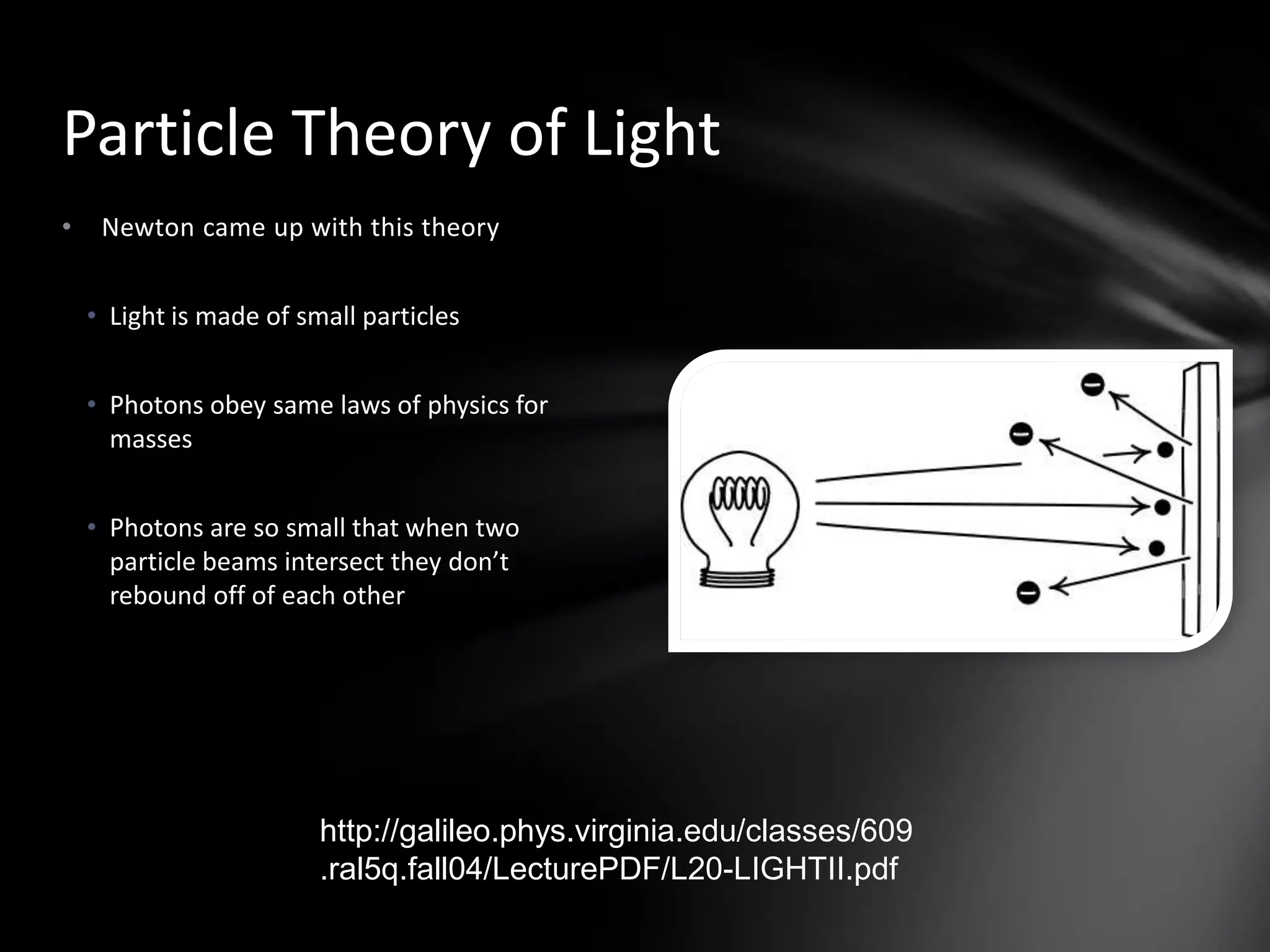 Newton came up with this theoryLight is made of small particlesPhotons obey same laws of physics for massesPhotons are so small that when two particle beams intersect they don’t rebound off of each otherParticle Theory of Lighthttp://galileo.phys.virginia.edu/classes/609.ral5q.fall04/LecturePDF/L20-LIGHTII.pdf