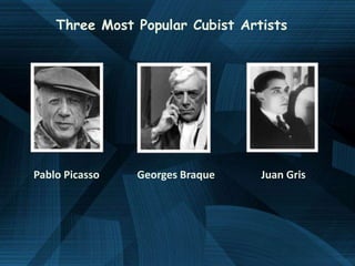 Three Most Popular Cubist Artists




Pablo Picasso   Georges Braque   Juan Gris
 