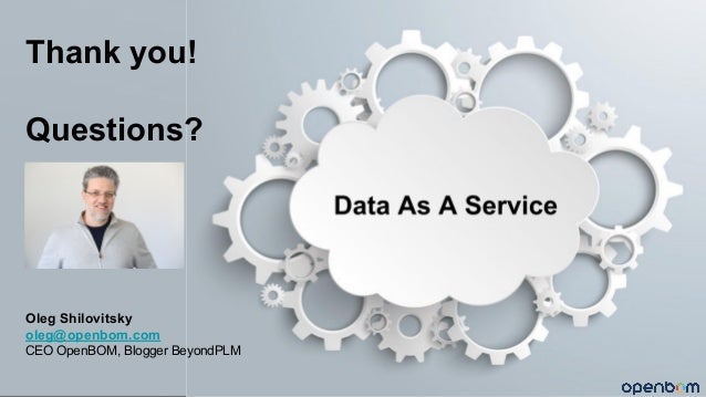 Thank you!
Questions?
Oleg Shilovitsky
oleg@openbom.com
CEO OpenBOM, Blogger BeyondPLM
 