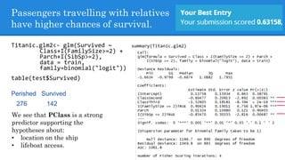 Passengers travelling with relatives
have higher chances of survival.
Titanic.glm2<- glm(Survived ~
Class+I(FamilySize>=2) +
Parch+I(SibSp>=2),
data = train,
family=binomial("logit"))
table(test$Survived)
Perished Survived
276 142
summary(Titanic.glm2)
We see that PClass is a strong
predictor supporting the
hypotheses about:
• location on the ship
• lifeboat access.
 