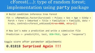 cForest(…): type of random forest;
implementation using party package
# Build condition inference tree Forest
fit <- cforest(as.factor(Survived) ~ Pclass + Sex + Age + SibSp +
Parch + Fare + Embarked + Title + FamilySize + FamilyID, data =
train, controls=cforest_unbiased(ntree=4000, mtry=2))
# Now let's make a prediction and write a submission file
Prediction <- predict(fit, test, OOB=TRUE, type = "response")
kaggle score after parameter adjustments
0.81818 Surprised Again !!!
 