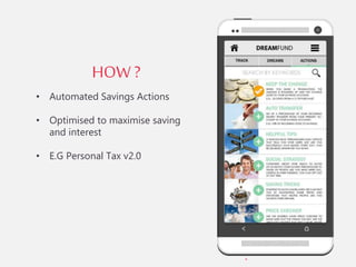 •
HOW ?
• Automated Savings Actions
• Optimised to maximise saving
and interest
• E.G Personal Tax v2.0
 