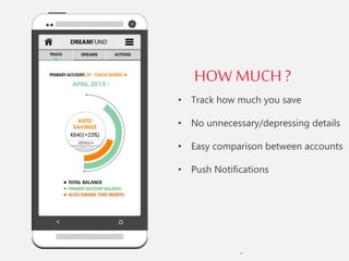 •
HOW MUCH?
• Track how much you save
• No unnecessary/depressing details
• Easy comparison between accounts
• Push Notifications
 