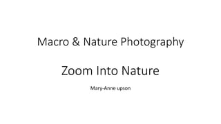 Macro & Nature Photography
Zoom Into Nature
Mary-Anne upson
 