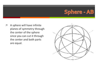  A sphere will have infinite
   planes of symmetry through
   the center of the sphere
   since you can cut it through
   the center and both parts
   are equal.
 