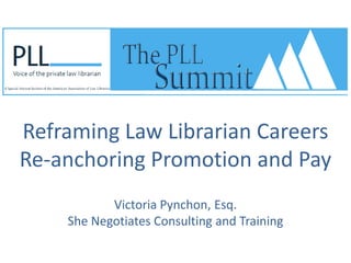 Reframing Law Librarian Careers
Re-anchoring Promotion and Pay
Victoria Pynchon, Esq.
She Negotiates Consulting and Training
 