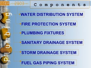 C o m p o n e n t s
WATER DISTRIBUTION SYSTEM
FIRE PROTECTION SYSTEM
PLUMBING FIXTURES
SANITARY DRAINAGE SYSTEM
STORM DRAINAGE SYSTEM
FUEL GAS PIPING SYSTEM
 