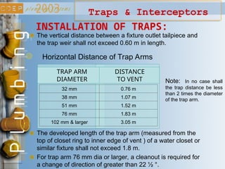 INSTALLATION OF TRAPS:
The vertical distance between a fixture outlet tailpiece and
the trap weir shall not exceed 0.60 m in length.
The developed length of the trap arm (measured from the
top of closet ring to inner edge of vent ) of a water closet or
similar fixture shall not exceed 1.8 m.
Note: In no case shall
the trap distance be less
than 2 times the diameter
of the trap arm.
TRAP ARM
DIAMETER
DISTANCE
TO VENT
Horizontal Distance of Trap Arms
32 mm 0.76 m
38 mm 1.07 m
51 mm 1.52 m
76 mm 1.83 m
102 mm & larger 3.05 m
For trap arm 76 mm dia or larger, a cleanout is required for
a change of direction of greater than 22 ½ °.
Traps & Interceptors
 