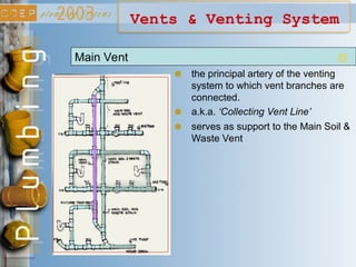 Vents & Venting System
Main Vent
the principal artery of the venting
system to which vent branches are
connected.
serves as support to the Main Soil &
Waste Vent
a.k.a. ‘Collecting Vent Line’
 