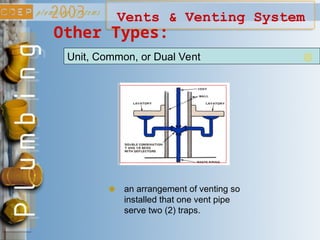 Vents & Venting System
Other Types:
Unit, Common, or Dual Vent
an arrangement of venting so
installed that one vent pipe
serve two (2) traps.
 