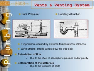 Vents & Venting System
Retardation of flow
Deterioration of the Materials
- Due to the effect of atmospheric pressure and/or gravity
Back Pressure Capillary Attraction
Evaporation- caused by extreme temperatures, idleness
Wind Effects- strong winds blow the trap seal
- Due to the formation of acids
 