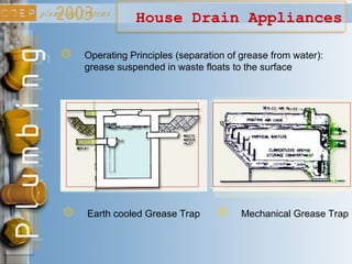 House Drain Appliances
Operating Principles (separation of grease from water):
grease suspended in waste floats to the surface
Earth cooled Grease Trap Mechanical Grease Trap
 
