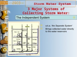 Storm Water System
The Independent System
a.k.a. ‘the Separate System’
3 Major Systems of
Collecting Storm Water:
Brings collected water directly
to the water reservoirs
 