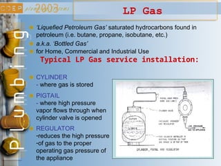 LP Gas
‘Liquefied Petroleum Gas’ saturated hydrocarbons found in
petroleum (i.e. butane, propane, isobutane, etc.)
CYLINDER
- where gas is stored
PIGTAIL
- where high pressure
vapor flows through when
cylinder valve is opened
a.k.a. ‘Bottled Gas’
Typical LP Gas service installation:
REGULATOR
-reduces the high pressure
-of gas to the proper
operating gas pressure of
the appliance
for Home, Commercial and Industrial Use
 
