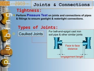 Joints & Connections
Types of Joints:
Caulked Joints
For bell-and-spigot cast iron
soil pipe & other similar joints
engagement length
Face to face
distance
Tightness:
Perform Pressure Test on joints and connections of pipes
& fittings to ensure gastight & watertight connections.
 