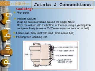 Joints & Connections
Caulking:
Align pipes
Packing Oakum-
Wrap an oakum or hemp around the spigot Neck;
Drive the oakum into the bottom of the hub using a yarning iron;
compress firmly (make a 20-25mm clearance from top of bell)
Ladle Lead- Seal joint with lead (3mm above bell)
Packing with Caulking Iron
 