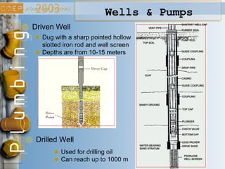 Wells & Pumps
Driven Well
Dug with a sharp pointed hollow
slotted iron rod and well screen
Drilled Well
Used for drilling oil
Can reach up to 1000 m
Depths are from 10-15 meters
 