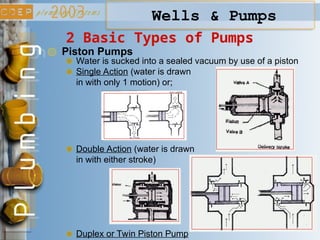 Wells & Pumps
Piston Pumps
2 Basic Types of Pumps
Water is sucked into a sealed vacuum by use of a piston
Single Action (water is drawn
in with only 1 motion) or;
Double Action (water is drawn
in with either stroke)
Duplex or Twin Piston Pump
 