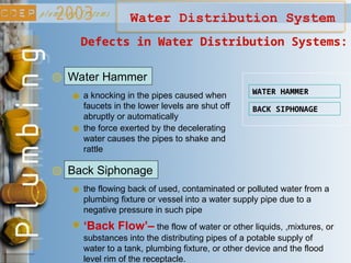 Water Distribution System
Water Hammer
Defects in Water Distribution Systems:
a knocking in the pipes caused when
faucets in the lower levels are shut off
abruptly or automatically
WATER HAMMER
BACK SIPHONAGE
Back Siphonage
the force exerted by the decelerating
water causes the pipes to shake and
rattle
the flowing back of used, contaminated or polluted water from a
plumbing fixture or vessel into a water supply pipe due to a
negative pressure in such pipe
‘Back Flow’– the flow of water or other liquids, ,mixtures, or
substances into the distributing pipes of a potable supply of
water to a tank, plumbing fixture, or other device and the flood
level rim of the receptacle.
 