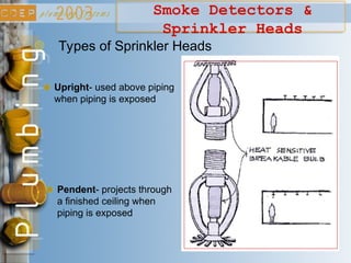 Smoke Detectors &
Sprinkler Heads
Types of Sprinkler Heads
Upright- used above piping
when piping is exposed
Pendent- projects through
a finished ceiling when
piping is exposed
 