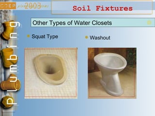 Soil Fixtures
Squat Type Washout
Other Types of Water Closets
 