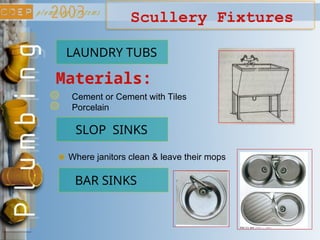 Materials:
Cement or Cement with Tiles
Porcelain
Scullery Fixtures
BAR SINKS
SLOP SINKS
Where janitors clean & leave their mops
LAUNDRY TUBS
 