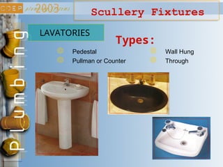 Scullery Fixtures
LAVATORIES
Types:
Pedestal
Pullman or Counter
Wall Hung
Through
 