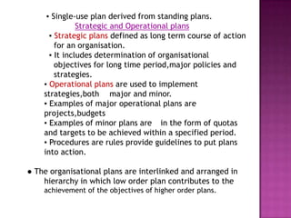 ▪ Single-use plan derived from standing plans.
               Strategic and Operational plans
      ▪ Strategic plans defined as long term course of action
        for an organisation.
      ▪ It includes determination of organisational
        objectives for long time period,major policies and
        strategies.
    ▪ Operational plans are used to implement
    strategies,both major and minor.
    ▪ Examples of major operational plans are
    projects,budgets
    ▪ Examples of minor plans are in the form of quotas
    and targets to be achieved within a specified period.
    ▪ Procedures are rules provide guidelines to put plans
    into action.

● The organisational plans are interlinked and arranged in
    hierarchy in which low order plan contributes to the
    achievement of the objectives of higher order plans.
 