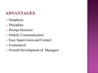  Simplicity
 Discipline
 Prompt Decision
 Orderly Communication
 Easy Supervision and Control
 Economical
 Overall Development of Managers
 