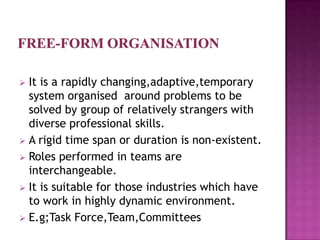  It is a rapidly changing,adaptive,temporary
  system organised around problems to be
  solved by group of relatively strangers with
  diverse professional skills.
 A rigid time span or duration is non-existent.
 Roles performed in teams are
  interchangeable.
 It is suitable for those industries which have
  to work in highly dynamic environment.
 E.g;Task Force,Team,Committees
 