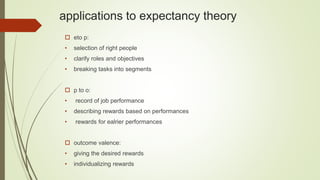 applications to expectancy theory
 eto p:
• selection of right people
• clarify roles and objectives
• breaking tasks into segments
 p to o:
• record of job performance
• describing rewards based on performances
• rewards for ealrier performances
 outcome valence:
• giving the desired rewards
• individualizing rewards
 