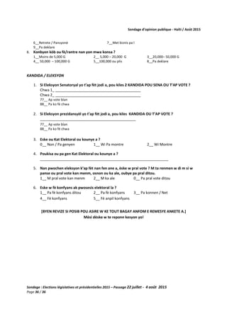 Sondage d’opinion publique - Haïti / Août 2015
Sondage : Elections législatives et présidentielles 2015 – Passage 22 juillet - 4 août 2015
Page 36 / 36
6__Retrete / Pansyonè 7__Met biznis pa l
9__Pa deklare
8. Konbyen kòb ou fè/rantre nan yon mwa konsa ?
1__Moins de 5,000 G 2__ 5,000 – 20,000 G 3__20,000– 50,000 G
4__ 50,000 – 100,000 G 5__100,000 ou plis 8__Pa deklare
KANDIDA / ELEKSYON
1. Si Eleksyon Senatoryal yo t’ap fèt jodi a, pou kiles 2 KANDIDA POU SENA OU T’AP VOTE ?
Chwa 1_ __________________________________________
Chwa 2_ __________________________________________
77__ Ap vote blan
88__ Pa ko fè chwa
2. Si Eleksyon prezidansyèl yo t’ap fèt jodi a, pou kiles KANDIDA OU T’AP VOTE ?
_______________________________________________
77__ Ap vote blan
88__ Pa ko fè chwa
3. Eske ou Kat Elektoral ou kounye a ?
0__ Non / Pa genyen 1__ Wi Pa montre 2__ Wi Montre
4. Poukisa ou pa gen Kat Elektoral ou kounye a ?
_______________________________________________________________
5. Nan pwochen eleksyon k’ap fèt nan fen ane a, èske w pral vote ? M ta renmen w di m si w
panse ou pral vote kan menm, osnon ou ka ale, oubye pa pral ditou.
1__ M pral vote kan menm 2__ M ka ale 0__ Pa pral vote ditou
6. Eske w fè konfyans ak pwosesis elektoral la ?
1__ Pa fè konfyans ditou 2__ Pa fè konfyans 3__ Pa konnen / Net
4__ Fè konfyans 5__ Fè anpil konfyans
[BYEN REVIZE SI POSIB POU ASIRE W KE TOUT BAGAY ANFOM E REMESYE ANKETE A.]
Mèsi dèske w te reponn kesyon yo!
 