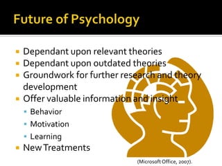    Dependant upon relevant theories
   Dependant upon outdated theories
   Groundwork for further research and theory
    development
   Offer valuable information and insight
     Behavior
     Motivation
     Learning
   New Treatments
                              (Microsoft Office, 2007).
 