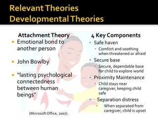 Attachment Theory                 4 Key Components
 Emotional bond to                  Safe haven
  another person                        ▪ Comfort and soothing
                                          when threatened or afraid
   John Bowlby                      Secure base
                                        ▪ Secure, dependable base
                                          for child to explore world
   “lasting psychological           Proximity Maintenance
    connectedness                       ▪ Child stays near
    between human                         caregiver, keeping child
    beings”                               safe
                                        Separation distress
                                        ▪    When separated from
                                             caregiver, child is upset
        (Microsoft Office, 2007).
 