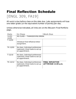 Final Reflection Schedule
[ENGL 309, FA19]
All work is due before class on the date due. Late assignments will lose
one letter grade (or the equivalent number of points) per day.
Unless otherwise indicated, all links are on the BbLearn Final Portfolio
page.
Date In Class Work Due
11/25-
11/29
NO CLASS – THANKSGIVING BREAK
T 12/02
Introduce final reflective letter
assignment.
Th 12/05 No class. Individual conferences
(optional). Email Jodie to set up
an appointment.
T 12/10 No class. Individual conferences
(optional). Email Jodie to set up
an appointment.
Th 12/12 No class. Individual conferences
(optional). Email Jodie to set up
an appointment.
FINAL REFLECTIVE
LETTER DUE 11:59 p.m.
 