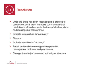 5               Resolution
Part 3: Six Stages of a Crisis




      • Once the crisis has been resolved and is drawing to
            conclusion, crisis team members communicate that
            resolution to all audiences in the form of all-clear alerts
            and messages of reassurance.
      •     Indicate status return to “normalcy”
      •     Closure
      •     Indicate transition to “recovery”
      •     Recall or demobilize emergency response or
            management protocols and procedures
      • Change (transfer) of command authority or structure
 