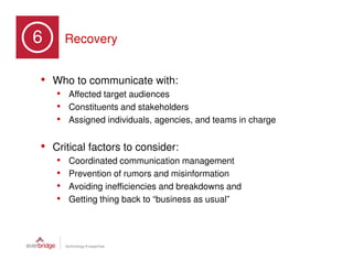6               Recovery
Part 3: Six Stages of a Crisis




       • Who to communicate with:
               • Affected target audiences
               • Constituents and stakeholders
               • Assigned individuals, agencies, and teams in charge

       • Critical factors to consider:
               •     Coordinated communication management
               •     Prevention of rumors and misinformation
               •     Avoiding inefficiencies and breakdowns and
               •     Getting thing back to “business as usual”
 