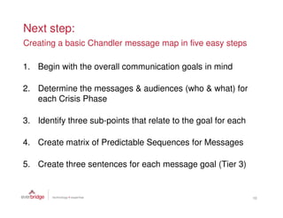 Next step:
Creating a basic Chandler message map in five easy steps

1. Begin with the overall communication goals in mind

2. Determine the messages & audiences (who & what) for
   each Crisis Phase

3. Identify three sub-points that relate to the goal for each

4. Create matrix of Predictable Sequences for Messages

5. Create three sentences for each message goal (Tier 3)


                                                                10
 