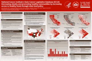 National Cancer Institute’s State Cancer Legislative Database (SCLD):
Decreasing obesity and promoting healthy communities by increasing
access to healthy foods through state food policy
Jamie Weinstein, M.P.H.1, Jennifer Noll Folliard, R.D., M.P.H.1, Monica Holloway1, Shereitte C. Stokes IV, Ph.D., M.P.H.1, Regina el Arculli, M.A.2
Presented at the American Public Health Association Annual Meeting Washington, DC November 1, 2011                                                                                          


1
  The MayaTech Corporation 2National Cancer Institute


Methods and Limitations                                                                                                                                 States’ Efforts to Increase Access to
                                                                                                                                                                                                                                                                                                                 Community Demographic of Farmers' Markets:                                                                                         Community Demographic of Farmers' Markets:                                                                       Community Demographic of Farmers' Markets:
                                                                                                                                                        Reimbursable Meals: Laws Covered in the SCLD                                                                                                                        Education, California                                                                                                              Poverty, California                                                                                               Race, California
Approach: The SCLD Program utilizes: (1) a standard approach to identifying and abstracting relevant state
legislation and adopted resolutions; (2) data dictionary and hierarchical keyword system; (3) quality control                                                                                                                                                                                                                                                                       Percent Less Than a
procedures; and (4) multiple data output formats.                                                                                                       • Mandatory includes laws addressing the requirement that schools serve reimbursable meals.                                                                                                                                 4-Year College Degree
                                                                                                                                                                                                                                                                                                                                                                                    (Age 25-64)                                                                                                                     Percent Below Poverty Level                                                                          Percent of Minority Population
                                                                                                                                                                                                                                                                                                                                                                                    by Census Tract                                                                                                                 by Census Tract                                                                                      by Census Tract
Limitations: The SCLD does not contain state-level regulations; executive orders; measures implemented by                                                   - States that mandate school participation in a federal reimbursable meal program, such as Arizona                                                                                                                              0.0 - 18.3                                                                                                                      0.0 - 13.0                                                                                              0.0 - 19.4

counties, cities, or other localities; opinions of Attorneys General; or data addressing the implementation of                                                (Ariz. Rev. Stat. § 15-242), OR                                                                                                                                                                                               18.4 - 26.4                                                                                                                     13.1 - 23.0                                                                                             19.5 - 33.8
                                                                                                                                                                                                                                                                                                                                                                                            26.5 - 33.8                                                                                                                     23.1 - 34.0                                                                                             33.9 - 49.2
state laws. Although coverage of Medicaid and Medicare law is not comprehensive, some SCLD records include                                                                                                                                                                                                                                                                                  33.9 - 42.0                                                                                                                     34.1 - 49.0
                                                                                                                                                            - Virginia, in which school boards must establish school breakfast programs in public schools in which                                                                                              Sacramento                  42.0 - 100.0                                                                                          Sacramento                49.1 - 100.0                                                                    Sacramento
                                                                                                                                                                                                                                                                                                                                                                                                                                                                                                                                                                                                                                    49.3 - 67.0

these data.                                                                                                                                                                                                                                                                                                                                                                                                                                                                                                                                                                                                                         67.1 - 100.0
                                                                                                                                                              25% or more of enrolled school-age children were eligible to receive free or reduced-price
                                                                                                                                                              meals in the federally funded lunch program during the previous school year. (Va. Code Ann. § 22.1-207.3)                                                                                                      Stockton                                                                                                                          Stockton                                                                                                  Stockton
                                                                                                                                                                                                                                                                                                      San Francisco                                                                                                                                                                                                                                       San Francisco
Background
                                                                                                                                                                                                                                                                                                                                                                                                                                            San Francisco

                                                                                                                                                        • Reimbursable Meals Expansion includes laws addressing the expansion of the NSLP, NSBP or Snack Programs by:                                          Oakland                                                                                                                                 Oakland                                                                                                       Oakland
                                                                                                                                                                                                                                                                                                                                                                                               Fresno                                                                                                                             Fresno                                                                                                     Fresno
                                                                                                                                                          1. increasing state funds or adding new components to the programs; or 2. increasing access to and
                                                                                                                                                                                                                                                                                                                       San Jose                                                                                                                               San Jose                                                                                                     San Jose
• Excess body weight has been linked to chronic diseases including certain cancers.                                                                       implementation of the program(s).

• The International Agency for Research on Cancer estimates that obesity and physical inactivity may account for                                            - In Washington, to the extent funds are appropriated, the Superintendent may award grants to school
  25 to 30% of several major cancers (Vainio and Bianchini, 2002). Studies estimate that 3.2% of all new cancers                                              districts to: (1) increase participation in school breakfast and lunch programs, (2) improve program
                                                                                                                                                                                                                                                                                            Farmers' Markets                                                                                                                        Farmers' Markets                                                                                              Farmers' Markets
  are linked to obesity (Polednak, 2003) and 14% of deaths from cancer in men and 20% of deaths in women                                                      quality, and (3) improve the equipment and facilities used in the programs.                                                          WIC/SNAP Accepted                                                                                                                      WIC/SNAP Accepted
                                                                                                                                                                                                                                                                                                                                    Los Angeles                                                                                                                          Los Angeles                                                                  WIC/SNAP Accepted               Los Angeles
  are due to overweight and obesity (Calle, et al., 2003).                                                                                                    Also contingent upon appropriation, the Superintendent must increase state support for school                                        Non WIC/SNAP Accepted                                                                                                                  Non WIC/SNAP Accepted                                                                                       Non WIC/SNAP Accepted
                                                                                                                                                                                                                                                                                                                                       Santa Ana                                                                                                                               Santa Ana                                                                                                 Santa Ana
                                                                                                                                                              breakfasts and lunches. (Wash. Rev. Code Ann. §§ 28A.235.140 and 28A.235.150 to 28A.235.160)
• The problem is exacerbated in underserved populations (Ward et al. 2004, Haynes and Smedley, 1999).                                                                                                                                                                                                                                        Anaheim                                                                                                                                  Anaheim                                                                                                   Anaheim
                                                                                                                                                                                                                                                                                                                                                            Long Beach                                                                                                                          Long Beach                                                                                                Long Beach
    - The obesity rate for African Americans exceeds 40% in 15 states compared to the rate for Whites,                                                                                                                                                                                                                                                                   San Diego                                                                                                                           San Diego                                                                                                 San Diego
      which exceeds 30% in only four states.                                                                                                                                 State Laws Mandating Reimbursable Meals and
    - Individuals who have not completed high school have higher rates of obesity compared to only one-fifth                                                                   Addressing Reimbursable Meals Expansion
       of college graduates.                                                                                                                                                                                                                                                                                     Community Demographic of Farmers' Markets:                                                                                            Community Demographic of Farmers' Markets:                                                                     Community Demographic of Farmers' Markets:
                                                                                                                                                                                      (Enacted as of June 30, 2011)                                                                                                   Education, District of Columbia                                                                                                        Poverty, District of Columbia                                                                                    Race, District of Columbia
    - Lower income earners have higher obesity rates than those at the highest income levels.                                                                                                                                                                           NH

                                                                                                                                                                                 WA                                                                                VT
  Centers for Disease Control and Prevention. U.S. Obesity Trends. Trends by State 1985-2010. Available at: www.cdc.gov/obesity/data/trends.html.
                                                                                                                                                                                                                                                                             ME


Federal Efforts to Address Obesity Prevention                                                                                                                                                                                                                                     MA

by Decreasing Food Disparities                                                                                                                                                                                                               MI
                                                                                                                                                                                                                                                             PA          NJ
                                                                                                                                                                                                                                                                                  RI

                                                                                                                                                                                                                                                  OH
                                                                                                                                                                                                                                   IL   IN
                                                                                                                                                                           CA                      CO
• School Reimbursable Meals – National School Lunch Program (NSLP), National School Breakfast                                                                                                                                                           WV    VA         MD
                                                                                                                                                                                                                KS
                                                                                                                                                                                                                              MO
  Program (NSBP), Summer Feeding Program (SFP), After-School Snack Program                                                                                                                                                                                               DC
                                                                                                                                                                                                                                                              NC
   - Children from families with incomes at or below 130% of the poverty level are eligible for free meals.                                                                             AZ
                                                                                                                                                                                                 NM                           AR                         SC
       Those with incomes between 130% and 185% of the poverty level are eligible for reduced price meals,
                                                                                                                                                                                                                                                   GA                                                         Percent Less Than a
       for which students can be charged no more than 40 cents.                                                                                                                                                                                                                                               4-Year College Degree
                                                                                                                                                                                                               TX             LA                                                                              (Age 25-64)                                                                                                                           Percent Below Poverty Level                                                                                      Percent of Minority Population
                                                                                                                                                                                                                                                                                                              by Census Tract                                                                                                                       by Census Tract                                                                                                  by Census Tract
• Senior Farmers' Market Nutrition Program (SFMNP)                                                                                                                                                                                                                                                                     0.0 - 22.6                                                                                                                                0.0 - 10.1                                                                                                     0.0 - 20.5
                                                                                                                                                                                                                                                                                                                       22.7 - 44.3                                                                                                                               10.2 - 22.2                                                                                                    20.6 - 42.9
   - Provides low-income seniors with coupons that can be exchanged for fruits, vegetables, herbs and honey                                                                                                                                                                                                                                                              Farmers Markets                                                                                                                 Farmers' Markets
                                                                                                                                                                                                                                                                                                                                                                                                                                                                                                                                                                                43.0 - 74.9
                                                                                                                                                                                                                                                                                                                                                                                                                                                                                                                                                                                                                       Farmers' Markets
                                                                                                                                                                                                                                                                                                                       44.4 - 63.9                                                                                                                               22.3 - 34.7
     at farmers' markets, roadside stands and community supported agriculture (CSA) programs, and promotes                                                                                                                                                                                                             64.0 - 79.3
                                                                                                                                                                                                                                                                                                                                                                                 WIC/SNAP Accepted                                                               34.8 - 54.5
                                                                                                                                                                                                                                                                                                                                                                                                                                                                                                               WIC/SNAP Accepted
                                                                                                                                                                                                                                                                                                                                                                                                                                                                                                                                                                                75.0 - 91.0                                WIC/SNAP Accepted
                                                                                                                                                                                                                                                                                                                                                                                 Non WIC/SNAP Accepted                                                                                                         Non WIC/SNAP Accepted                                                                                       Non WIC/SNAP Accepted
     the use and expansion of farmers' markets, roadside stands, and CSA programs throughout the country.                                                                                                                                                                                                              79.3 - 100                                                                                                                                54.6 - 97.0                                                                                                    91.1 - 100.0

                                                                                                                                                              Laws Addressing Reimbursable        Laws Mandating State                  Laws Mandating State Reimbursable Meals and
• WIC Farmers' Market Nutrition Program (FMNP)                                                                                                                Meals Expansion (n=5)               Reimbursable Meals (n=13)             Addressing Reimbursable Expansion (n=10)

   - Provides locally grown fruits and vegetables through farmers' markets to WIC participants, and expands the
     awareness and use of farmers' markets.                                                                                                             States’ Efforts to Increase Access to Healthy Foods:                                                                                  States with Food Environment Laws Addressing Health Disparities                                                                                                                                                The Database
• Supplemental Nutrition Assistance Program (SNAP)                                                                                                      Laws Covered in the SCLD                                                                                                                                 (Enacted as of June 30, 2011)
   - Helps low-income households put food on the table by providing electronic benefits that are redeemed for                                                                                                                                                                                                                                                                                                                                                                                                Since 1989, the NCI SCLD Program has monitored laws and resolutions covering numerous cancer-related topics.
                                                                                                                                                                                                                                                                                                                                                                              Number of Laws                                                                                                                 As of June 30, 2011, the database contained more than 8,000 records divided between general legislation and
     food at authorized stores.
                                                                                                                                                        • Farmers’ Markets: Laws addressing any public market where farmers or vendors sell their goods directly to the                                                                                                                                                                                                                                      year-end status. General legislation records are abstracts of individual legislative measures (bills, resolutions, and
                                                                                                                                                          public consumer.                                                                                                             5
• Let’s Move!                                                                                                                                                                                                                                                                                                                                                                                                                                                                                                ballot measures); year-end status records incorporate a stream of codified legislation related to a particular topic.
   - The White House initiative is focused on five pillars:                                                                                             • Demonstration Program: Laws addressing food environment programs of a specific duration that are planned                                                                                                                                                                                                                                           The SCLD Program added obesity prevention as a topic area in July 2010, with a baseline of state laws enacted as
             1. Creating a healthy start for children; 2. Empowering parents and caregivers; 3. Providing healthy                                         as a test or a trial in order to assess feasibility, effectiveness, and/or efficacy (e.g., pilot program).                                                                                                                                                                                                                                         of December 31, 2009.
             food in schools; 4. Improving access to healthy & affordable foods; and 5. Increasing physical activity
                                                                                                                                                        • Access to Healthy Foods: Laws addressing primary cancer prevention/obesity prevention with a goal of                         4
                                                                                                                                                          reducing health/food disparities by improving access to healthy foods (e.g., fruits and vegetables, nuts, dairy,                                                                                                                                                                                                                                   SCLD Program Resources
Federal – State Partnerships Addressing                                                                                                                   lean meats, etc.) and/or programs to reduce food insecurity.

Food Disparities                                                                                                                                        • Environmental Risk Prevention: Laws addressing primary cancer prevention programs that include provisions
                                                                                                                                                                                                                                                                                       3
                                                                                                                                                                                                                                                                                                                   3         3                                      3                                                                                                                                        Standard Resources                                                       Conference Presentations
                                                                                                                                                          to reduce environmental cancer risk factors (e.g., environmental toxins) with a goal of reducing health                                                                                                                                                                                                                                              - SCLD Program Web site                                                       Analysis of SCLD data and development of oral and
                                                                                                                                                          disparities.                                                                                                                                                                                                                                                                                                                                                                                                                       poster presentations for scientific and professional
Role of the Federal Government                                               Role of the States                                                                                                                                                                                                                                                                                                                                                                                                                - SCLD Update quarterly newsletter and Legislative
                                                                                                                                                                                                                                                                                                                                                                                                                                                                                                                 Data Byte                                                                   organization meetings
                                                                             • Administration of Food Assistance Programs                               • Financial Incentives: Laws addressing programs that provide primary cancer prevention/obesity prevention
• Sets the agenda for the country’s priorities                                                                                                                                                                                                                                                                                                                                                                                                                                                                                                                                        The Web site is located at www.scld-nci.net.
                                                                                                                                                          through implementation of financial incentives to influence people's purchasing behavior with the goal of                    2
                                                                                                                                                                                                                                                                                                                                        2         2                                           2                                       2                  2                                                     - Topical fact sheets and data table
    - Through Funding & Program Initiatives                                  • State Interventions                                                        reducing health/food disparities.
                                                                                                                                                                                                                                                                                                                                                                                                                                                                                                             Acknowledgment: The authors thank Min Qi Wang, Ph.D. , The MayaTech Corporation, for his contributions to the
                                                                                  - State may provide additional funding for NSBP,
• Policy Floor - Nutritional Guidelines                                                                                                                 • Vouchers: Laws addressing primary prevention programs that include provisions to reduce health disparities                                                                                                                                                                                                                                         demographic data analysis.
                                                                                    NSLP, SNAP, & SFMNP
    - WIC, SFMNP, & SNAP                                                                                                                                  and use a type of payment authorization provided by the state to be used only for covered services related to
                                                                                  - May require more stringent nutritional guidelines                                                                                                                                                           1         1                                                1                 1        1                    1          1      1                  1                  1           1         1
                                                                                                                                                          primary cancer prevention.
    - NSLP and NSBP
                                                                                                                                                                                                                                                                                                                                                                                                                                                                                                             Contacts
                                                                                                                                                                                                                                                                                       1
                                                                                    than federal policy floor
• New guidelines for NSLP & NSBP in January 2012 will                             - May require NSBP, and/or NSLP in schools with                       Examples
closely mirror 2010 Dietary Guidelines for Americans                                severe need                                                         LA HB 840: Creates the Louisiana Sustainable Local Food Policy Council within the state Department of                                                                                                                                                                                                                                                  Regina el Arculli, M.A.                                                    Jamie Weinstein, M.P.H.
                                                                                                                                                        Agriculture and Forestry, for the purpose of building a local food economy benefiting the state by increasing                                                                                                                                                                                                                                          National Cancer Institute                                                  Center for Health Policy and Legislative Analysis
                                                                                                                                                                                                                                                                                       0
                                                                                                                                                        consumer access to fresh and nutritious foods, and providing greater food security for all citizens of the                                                                                                                                                                                                                                             Office of Government and Congressional Relations                           The MayaTech Corporation
                                                                                                                                                                                                                                                                                                                                                                                  y
                                                                                                                                                                                                                                                                                                                   na

                                                                                                                                                                                                                                                                                                                 nsas

                                                                                                                                                                                                                                                                                                                    ia
                                                                                                                                                                                                                                                                                                                rado

                                                                                                                                                                                                                                                                                                                     t

                                                                                                                                                                                                                                                                                                                  bia

                                                                                                                                                                                                                                                                                                                                                         a

                                                                                                                                                                                                                                                                                                                                                                 ois

                                                                                                                                                                                                                                                                                                                                                                                  a



                                                                                                                                                                                                                                                                                                                                                                                  a

                                                                                                                                                                                                                                                                                                                                                                                                       e

                                                                                                                                                                                                                                                                                                                                                                                                                  s

                                                                                                                                                                                                                                                                                                                                                                                                                            sk a



                                                                                                                                                                                                                                                                                                                                                                                                                                            lina

                                                                                                                                                                                                                                                                                                                                                                                                                                           ania

                                                                                                                                                                                                                                                                                                                                                                                                                                                                          s

                                                                                                                                                                                                                                                                                                                                                                                                                                                                        ton

                                                                                                                                                                                                                                                                                                                                                                                                                                                                                        sin
                                                                                                                                                                                                                                                                                                                                                                                                                                           York
                                                                                                                                                                                                                                                                                                                ticu




                                                                                                                                                                                                                                                                                                                                                                                                                     t




                                                                                                                                                                                                                                                                                                                                                                                                                                                                     Texa
                                                                                                                                                                                                                                                                                                                                                                              Iow
                                                                                                                                                                                                                                                                                                                                                           id




                                                                                                                                                                                                                                                                                                                                                                            isian
                                                                                                                                                                                                                                                                                                                                                                             tuck



                                                                                                                                                                                                                                                                                                                                                                                                    Main
                                                                                                                                                        state, among other things.
                                                                                                                                                                                                                                                                                                               forn




                                                                                                                                                                                                                                                                                                                                                                                                                uset
                                                                                                                                                                                                                                                                                                                                                                                                                                                                                                               Building 31, Room 10A48                                                    1100 Wayne Avenue, Suite 825
                                                                                                                                                                                                                                                                                               o




                                                                                                                                                                                                                                                                                                                                                                Illin




                                                                                                                                                                                                                                                                                                                                                                                                                                                                                    con
                                                                                                                                                                                                                                                                                                           olum

                                                                                                                                                                                                                                                                                                                                                      Flor




                                                                                                                                                                                                                                                                                                                                                                                                                             ra




                                                                                                                                                                                                                                                                                                                                                                                                                                                                   hing
                                                                                                                                                                                                                                                                                                                                                                                                                                       Caro
                                                                                                                                                                                                                                                                                           Ariz




                                                                                                                                                                                                                                                                                                                                                                                                                                      nsylv
                                                                                                                                                                                                                                                                                                          Arka




                                                                                                                                                                                                                                                                                                            nec
                                                                                                                                                                                                                                                                                                          Colo




                                                                                                                                                                                                                                                                                                                                                                                                                                      New
                                                                                                                                                                                                                                                                                                                                                                                                                          Neb
                                                                                                                                                                                                                                                                                                                                                                         Ken


                                                                                                                                                                                                                                                                                                                                                                                                                                                                                                               31 Center Drive, MSC 2580                                                  Silver Spring, MD 20910
                                                                                                                                                                                                                                                                                                                                                                         Lou
                                                                                                                                                                                                                                                                                                          Cali




                                                                                                                                                                                                                                                                                                                                                                                                               sach




                                                                                                                                                                                                                                                                                                                                                                                                                                                                                   Wis
                                                                                                                                                        IL HB 4756: Requires the state Department of Human Services and the state Department of Agriculture to




                                                                                                                                                                                                                                                                                                                                                                                                                                                               Was
                                                                                                                                                                                                                                                                                                       Con

                                                                                                                                                                                                                                                                                                       of C




                                                                                                                                                                                                                                                                                                                                                                                                                                          th
                                                                                                                                                                                                                                                                                                                                                                                                                                                                                                               Bethesda, MD 20892-2580                                                    Phone: 301.587.1600, Fax: 301.587.0709




                                                                                                                                                                                                                                                                                                                                                                                                                                   Pen
                                                                                                                                                        implement a Farmers' Market Technology Improvement Program to increase access to fresh fruits and
                                                                                                                                                                                                                                                                                                                                                                                                           M as




                                                                                                                                                                                                                                                                                                                                                                                                                                      Nor
                                                                                                                                                                                                                                                                                                                                                                                                                                                                                                               Phone: 301.496.5217, Fax: 301.402.1225                                     e-mail: scld@mayatech.com
                                                                                                                                                                                                                                                                                                  rict




                                                                                                                                                        vegetables, quality meat , and dairy for all Illinois residents.
                                                                                                                                                                                                                                                                                                                                                                                                                                                                                                               e-mail: elarculli@nih.gov
                                                                                                                                                                                                                                                                                             Dist
 