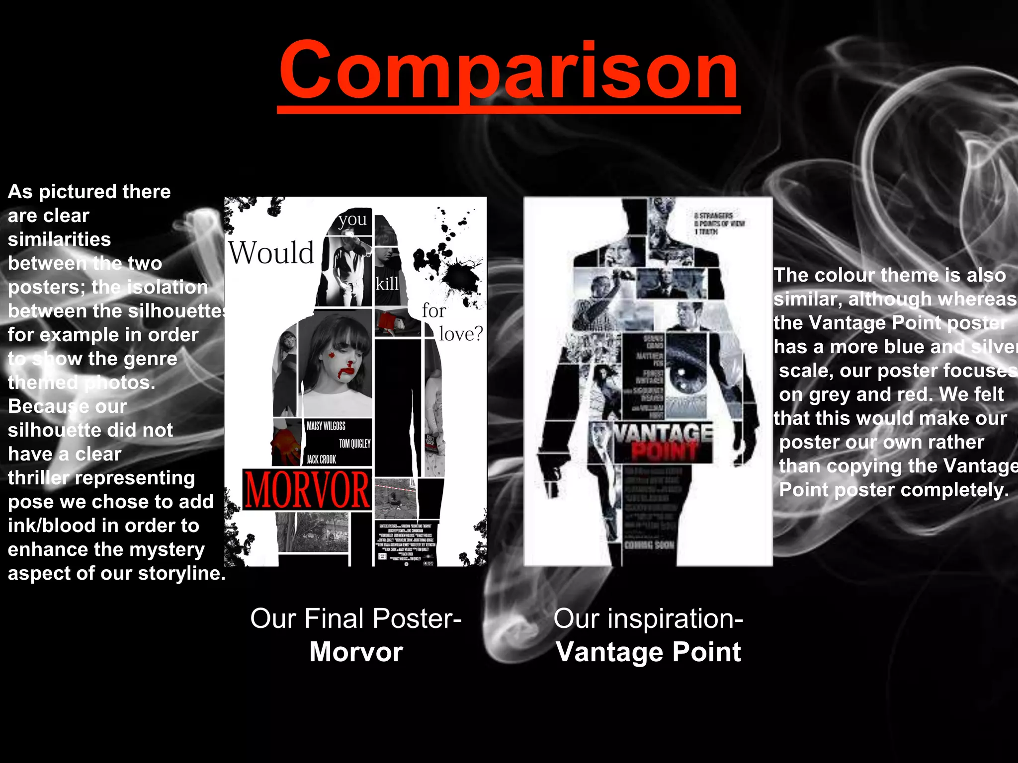 Comparison
Our Final Poster-
Morvor
Our inspiration-
Vantage Point
As pictured there
are clear
similarities
between the two
posters; the isolation
between the silhouettes
for example in order
to show the genre
themed photos.
Because our
silhouette did not
have a clear
thriller representing
pose we chose to add
ink/blood in order to
enhance the mystery
aspect of our storyline.
The colour theme is also
similar, although whereas
the Vantage Point poster
has a more blue and silver
scale, our poster focuses
on grey and red. We felt
that this would make our
poster our own rather
than copying the Vantage
Point poster completely.