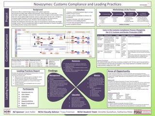 Novozymes:	
  Customs	
  Compliance	
  and	
  Leading	
  Prac9ces	
  
2.	
  Cost	
  
Drivers	
  
3a.	
  Leading	
  
Prac9ces	
  
3b.	
  Areas	
  of	
  
Opportuni9es	
  
v Contacted	
  and	
  
interviewed	
  SCRC	
  
companies	
  
v Analyzed	
  raw	
  data	
  
Valida&on	
  &	
  Feedback	
  	
  
v  Foreign	
  Trade	
  Zones	
  	
  
are	
  recommended	
  for	
  
further	
  inves9ga9on	
  by	
  	
  
NZ	
  or	
  future	
  SCRC	
  projects	
  	
  
NZ	
  Sponsor:	
  Jack	
  Haller	
  	
  	
  	
  	
  NCSU	
  Faculty	
  Advisor:	
  Tracy	
  Freeman	
  	
  	
  	
  	
  NCSU	
  Student	
  Team:	
  AnneMe	
  Gustafson,	
  Katharina	
  Peter	
  
Leading	
  Prac9ces	
  Customs	
  Compliance	
  Project	
  
Par&cipants	
  
v  Hanesbrands	
  Inc.	
  
v  John	
  Deere	
  
v  Caterpillar	
  
v  Lenovo	
  
v  GlaxoSmithKline	
  
v  Bayer	
  CropScience	
  
v  NAACO	
  
Educa&on	
  
v  C-­‐TPAT	
  and	
  ISA	
  Cer9ﬁca9on	
  
v  Webinars,	
  seminars,	
  	
  
annual	
  conferences	
  
and	
  professional	
  associa9ons	
  
v  Exper9se	
  from	
  in-­‐house	
  legal	
  	
  
department	
  and	
  customs	
  brokers	
  
v  Intensive	
  training	
  programs	
  
v  Hire	
  outside	
  consultants	
  
Resources	
  	
  
v  Internally,	
  par9cipants	
  employ	
  an	
  average	
  of	
  8	
  	
  
persons	
  that	
  are	
  solely	
  dedicated	
  to	
  the	
  customs	
  
compliance	
  process	
  	
  
v  Addi9onally,	
  71.4%	
  of	
  companies	
  employ	
  in-­‐house	
  
customs	
  brokers	
  
v  Externally,	
  	
  100%	
  	
  of	
  	
  respondents	
  u9lize	
  	
  an	
  average	
  
of	
  3	
  outside	
  customs	
  brokers	
  	
  	
  
	
  
Metrics	
  Management	
  
v  85.7%	
  of	
  have	
  metrics	
  in	
  place	
  
v  50.0%	
  of	
  companies	
  with	
  metrics	
  
admit	
  that	
  they	
  need	
  more	
  and	
  
are	
  in	
  the	
  process	
  of	
  inves9ga9ng	
  	
  
v  The	
  remaining	
  50.0%	
  have	
  26+	
  
metrics	
  that	
  they	
  use	
  only	
  for	
  the	
  
customs	
  process	
  	
  
v  Examples:	
  
v  85.7%	
  outsource	
  the	
  calcula9on	
  	
  
of	
  du9es	
  
v  57.1%	
  outsource	
  the	
  payment	
  of	
  du9es	
  
v  100%	
  	
  classify	
  their	
  own	
  products;	
  
however,	
  28.6%	
  of	
  companies	
  outsource	
  
this	
  func9on	
  because	
  they	
  have	
  created	
  
and	
  implemented	
  a	
  classiﬁca9on	
  
database	
  system	
  
v  A	
  combina9on	
  of	
  methods	
  is	
  used	
  to	
  
monitor	
  the	
  process.	
  The	
  most	
  popular:	
  	
  
in-­‐house	
  legacy	
  system,	
  customs	
  broker	
  
interface,	
  GT	
  Nexus,	
  and	
  manual	
  entry	
  
v  100%	
  of	
  companies	
  reported	
  great	
  
visibility	
  of	
  the	
  customs	
  process	
  
v  100%	
  outsource	
  customs	
  ﬁlings	
  	
  	
  
Area	
  of	
  Opportunity	
  
Foreign	
  Trade	
  Zones	
  (FTZs)	
  were	
  a	
  consistent	
  topic	
  that	
  came	
  up	
  during	
  the	
  interviews.	
  	
  
71.4%	
  	
  of	
  companies	
  operate	
  FTZs.	
  The	
  remaining	
  companies	
  reported	
  FTZs	
  as	
  a	
  poten9al	
  area	
  	
  
of	
  opportunity.	
  Foreign	
  Trade	
  Zones	
  are	
  recommended	
  for	
  further	
  inves9ga9on	
  by	
  NZ	
  or	
  future	
  
SCRC	
  projects.	
  	
  
	
  
What	
  is	
  a	
  FTZ?	
  
According	
  to	
  the	
  Na9onal	
  Associa9on	
  of	
  Foreign	
  Trade	
  Zones	
  (NAFTZ),	
  	
  	
  
“A	
  FTZ	
  is	
  an	
  area	
  within	
  the	
  United	
  States,	
  in	
  or	
  near	
  a	
  U.S.	
  Customs	
  port	
  of	
  entry,	
  where	
  foreign	
  
and	
  domes>c	
  merchandise	
  is	
  considered	
  to	
  be	
  outside	
  the	
  country,	
  or	
  at	
  least,	
  outside	
  of	
  	
  
U.S.	
  Customs	
  territory.	
  Certain	
  types	
  of	
  merchandise	
  can	
  be	
  imported	
  into	
  a	
  Zone	
  without	
  going	
  
through	
  formal	
  Customs	
  entry	
  procedures	
  or	
  paying	
  import	
  du>es.	
  Customs	
  du>es	
  and	
  excise	
  
taxes	
  are	
  due	
  only	
  at	
  the	
  >me	
  of	
  transfer	
  from	
  the	
  FTZ	
  for	
  U.S.	
  consump>on.	
  
If	
  the	
  merchandise	
  never	
  enters	
  the	
  U.S.	
  commerce,	
  then	
  no	
  du>es	
  or	
  taxes	
  are	
  paid	
  on	
  those	
  
items.”	
  
	
  
Ac&vi&es	
  permiEed	
  in	
  FTZ	
  
Assembled	
  	
  	
  	
  	
  	
  	
  	
  	
  	
  	
  	
  	
  	
  	
  Tested	
  	
  	
  	
  	
  	
  	
  	
  	
  	
  	
  	
  	
  	
  	
  	
  	
  	
  	
  	
  	
  	
  	
  	
  	
  Sampled	
  	
  	
  	
  	
  	
  	
  	
  	
  	
  	
  
Relabeled	
  	
  	
  	
  	
  	
  	
  	
  	
  	
  	
  	
  	
  	
  	
  	
  	
  Manufactured*	
  	
  	
  	
  	
  	
  	
  	
  	
  Stored	
  
Salvaged	
  	
  	
  	
  	
  	
  	
  	
  	
  	
  	
  	
  	
  	
  	
  	
  	
  	
  	
  Processed	
  	
  	
  	
  	
  	
  	
  	
  	
  	
  	
  	
  	
  	
  	
  	
  	
  	
  	
  Repackaged	
  
Destroyed	
  	
  	
  	
  	
  	
  	
  	
  	
  	
  	
  	
  	
  	
  	
  	
  	
  Mixed	
  	
  	
  	
  	
  	
  	
  	
  	
  	
  	
  	
  	
  	
  	
  	
  	
  	
  	
  	
  	
  	
  	
  	
  	
  Manipulated	
  
*must	
  get	
  special	
  permission	
  from	
  FTZ	
  board	
  for	
  manufacturing	
  
	
  
Beneﬁts	
  of	
  FTZs	
  	
  
v  Deferral,	
  reduc9on	
  and	
  possible	
  elimina9on	
  of	
  du9es	
  
v  Tighter	
  inventory	
  control	
  that	
  may	
  virtually	
  eliminate	
  year-­‐end	
  inventory	
  loss	
  adjustments	
  
v  Poten9al	
  direct	
  delivery	
  beneﬁt	
  reduces	
  long	
  hold	
  9mes	
  at	
  crowded	
  ports	
  of	
  entry	
  
	
  
	
  
Background	
  
Novozymes	
  (NZ)	
  is	
  a	
  biotechnology	
  company	
  with	
  a	
  global	
  supply	
  base.	
  	
  
NZ	
  currently	
  has	
  major	
  trade	
  rela9ons	
  with	
  Denmark,	
  China,	
  and	
  Brazil;	
  to	
  name	
  few.	
  
Jack	
  Haller,	
  Logis9cs	
  Manager,	
  outsources	
  the	
  import	
  process	
  to	
  logis9c	
  service	
  providers	
  (LSPs).	
  
Past:	
  NZ’s	
  former	
  global	
  freight	
  forwarder	
  acted	
  as	
  customs	
  broker	
  for	
  NZ’s	
  LSPs.	
  	
  Changes	
  in	
  	
  
the	
  global	
  freight	
  forwarder’s	
  business	
  model	
  lead	
  to	
  diﬃcul9es	
  in	
  the	
  import	
  process,	
  	
  
including	
  delays	
  and	
  increased	
  costs;	
  therefore,	
  NZ	
  terminated	
  the	
  contract.	
  	
  
Present:	
  NZ	
  collaborates	
  with	
  three	
  LSP’s,	
  which	
  are	
  responsible	
  for	
  clearing	
  their	
  own	
  freight	
  
through	
  customs.	
  This	
  has	
  prompted	
  Jack	
  Haller	
  to	
  request	
  informa9on	
  on	
  customs	
  compliance	
  
and	
  leading	
  prac9ces	
  among	
  various	
  industries.	
  	
  
Costs	
  in	
  the	
  Customs	
  Compliance	
  Process	
  Charged	
  by	
  
	
  the	
  U.S.	
  Customs	
  and	
  Border	
  Protec&on	
  (CBP)	
  
Type	
  of	
  Cost	
  	
   Deﬁni&on	
  of	
  Cost	
  	
   Freight	
  	
   Cost	
  Base	
  	
   Cost	
  Calcula&on	
  	
  
Harbor	
  
Maintenance	
  
Fee	
  (HMF)	
  	
  
Commercial	
  cargo	
  from	
  
a	
  commercial	
  vessel	
  is	
  
charged	
  a	
  port	
  use	
  fee	
  
when	
  shipped	
  through	
  
iden9ﬁed	
  port	
  	
  
Ocean	
  
freight	
  	
  
According	
  	
  
to	
  value,	
  	
  
without	
  
maximum	
  
fee	
  	
  
-­‐	
  0.125%	
  of	
  the	
  entered	
  value	
  	
  
Merchandise	
  
Processing	
  
Fee	
  (MPF)	
  	
  
Fee	
  charged	
  to	
  process	
  
merchandise	
  entering	
  
and	
  ensure	
  compliance	
  
with	
  customs	
  and	
  trade	
  
regula9ons	
  	
  
Ocean	
  &	
  	
  
Air	
  freight	
  	
  
According	
  	
  
to	
  value,	
  	
  
with	
  
maximum	
  
fee	
  	
  
-­‐	
  0.3464%	
  of	
  the	
  entered	
  value	
  
Import	
  Duty	
  
Rate	
  	
  
Taxes	
  collected	
  on	
  
imported	
  goods	
  	
  
Ocean	
  &	
  	
  
Air	
  freight	
  	
  
According	
  	
  
to	
  value,	
  	
  
without	
  
maximum	
  
fee	
  	
  
-­‐ Percentage	
  of	
  the	
  entered	
  value	
  based	
  on	
  duty	
  
rates	
  as	
  classiﬁed	
  in	
  the	
  Harmonized	
  Tariﬀ	
  System	
  
(HTS)	
  	
  	
  
-­‐ Most	
  of	
  NZ’s	
  products	
  fall	
  under	
  Chapter	
  35	
  of	
  HTS	
  
(Albuminoidal	
  substances;	
  modiﬁed	
  starches;	
  
glues;	
  enzymes),	
  which	
  are	
  free	
  of	
  charge	
  
Payment	
  Procedures	
  	
  
The	
  customs	
  broker	
  pays	
  all	
  the	
  fees	
  and	
  du9es	
  on	
  behalf	
  on	
  NZ.	
  The	
  fees	
  need	
  to	
  be	
  paid	
  within	
  a	
  
10-­‐day	
  9meframe	
  upon	
  the	
  entry	
  of	
  the	
  goods.	
  If	
  the	
  10-­‐day	
  statement	
  is	
  exceeded,	
  customs	
  will	
  
charge	
  penal9es	
  ranging	
  from	
  $100	
  -­‐	
  $200.	
  	
  	
  
1.	
  Process	
  Map	
   2.	
  Cost	
  Drivers	
  
3.	
  Leading	
  
Prac9ces	
  
4.	
  Area	
  of	
  
Opportunity	
  
v Interviewed	
  v External	
  research	
  
v Interviewed	
  
v LSP	
  1	
  
v LSP	
  2	
  
v LSP	
  3	
  
v LSP	
  1	
  
v LSP	
  2	
  
v LSP	
  3	
  
Objec&ves	
  
1.	
  Develop	
  a	
  standardized	
  process	
  map	
  to	
  increase	
  
visibility	
  of	
  import	
  process	
  	
  	
  
2.	
  Create	
  a	
  guide	
  to	
  cost	
  drivers	
  to	
  enhance	
  cost	
  
transparency	
  
3.	
  Conduct	
  interviews	
  	
  with	
  SCRC	
  companies	
  to	
  	
  
understand	
  current	
  leading	
  prac;ces	
  
4.	
  Provide	
  areas	
  of	
  opportuni;es	
  to	
  improve	
  current	
  
customs	
  compliance	
  process	
  	
  	
  
Process	
  Map	
  for	
  Air	
  Freight:	
  Mapping	
  Symbols	
  
Step	
  or	
  ac9vity	
  
Input	
  or	
  output	
  
Transporta9on	
  ac9vity	
  
Decision	
  point:	
  “yes”	
  or	
  “no”	
  
Inspec9on/Examina9on	
  
Outcome	
  for	
  faster	
  path	
  
Outcome	
  for	
  slower	
  path	
  
Manual	
  ﬂow	
  
Electronic	
  ﬂow	
  
Risks	
  &	
  Delays	
  Red	
  
Required	
  documents	
  Purple	
  
Leading	
  Prac&ces	
  Report	
  
Our	
  team	
  was	
  tasked	
  with	
  inves9ga9ng	
  the	
  leading	
  prac9ces	
  of	
  customs	
  
compliance	
  among	
  several	
  SCRC	
  companies.	
  	
  
The	
  main	
  areas	
  of	
  focus	
  were	
  	
  
v  Accurate	
  data	
  sent	
  to	
  
customs	
  	
  
v  Pre-­‐clearance	
  of	
  cargo	
  
v  Post-­‐entry	
  audits	
  
v  Entry	
  volumes	
  
v  ISF	
  performance	
  
v  Track	
  entry	
  by	
  ﬁler	
  	
  	
  
Methodology	
  of	
  the	
  Process	
  
Findings	
  
	
  
v  What	
  resources	
  do	
  companies	
  require	
  to	
  manage	
  the	
  customs	
  
compliance	
  process,	
  both	
  internally	
  and	
  externally?	
  
v  How	
  do	
  companies	
  manage	
  the	
  customs	
  compliance	
  process?	
  
v  What	
  metrics	
  do	
  companies	
  use	
  to	
  measure	
  the	
  customs	
  	
  
compliance	
  process?	
  
v  How	
  do	
  companies	
  stay	
  knowledgeable	
  about	
  the	
  customs	
  
compliance	
  process?	
  
 