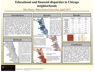 Contact Information:
Web Resources:
Acknowledgements:
Educational and financial disparities in Chicago
neighborhoods
Mia Harris, Wake Forest University, April 2017
Chicago has a strong history of racial segregation, since the
Great Migration in the first half of the 20th century, political
and physical boundaries divide the city and continues to do
so. For this project, I looked at the economic, social, and
educational disparities that exist throughout Chicago at the
neighborhood level. A city nick-named “melting-pot,” has
undergone systematic isolation of cultures to the point
where neighborhoods are named after the majority
ethnicities that occupy them (Little Italy, Greek-town,
China-town, etc.) Explanations for socio-economic
disparities are often placing blame on the work ethic and/or
lack of education of the community of interest. The
following maps are to contradict this explanation and to
provide an alternative perspective; in doing so, change the
approach in Urban development planning ultimately
increasing the level of operational and sustainability
growth.
Introduction
Methods
Results
Chicago has undergone countless urban development projects
over the past decade. Often times leading to gentrification
which has consistently forced many community members to
relocate because of rising property taxes, rent, and X. After
comparing high school graduation rates, per capital income,
and transportation accessibility between Englewood and
Uptown neighborhoods it is possible that the focus of Urban
development projects are misdirected. Extending research
further would look at quality of education funding and
supplemental assistance to targeted under-resourced
neighborhoods. The current solution to shrinking socio-
economic disparities in Chicago relies heavily on the influx of
new affluent residents. This project brings a different
perspective to urban planning and ultimately a new way to
approach urban development projects.
Conclusion
Results
Austin
South Deering
Ashburn
Englewood
Roseland
New City
O'Hare
Hegewisch
Dunning
Beverly
Little Village
Riverdale
Chatham
Norwood Park
Portage Park
Clearing
Humboldt Park
Uptown
Irving Park
Garfield Ridge
Lake View
West Lawn
West Pullman
Morgan Park
Belmont Cragin
South Shore
Garfield Park
North Park
South Chicago
West Ridge
Grand Crossing
Loop
Gage Park
Avondale
Douglas
North Lawndale
West Town
Logan Square
West Loop
Lower West Side
Little Italy, UIC
Albany Park
Woodlawn
Galewood
East SidePullman
Chicago Lawn
Auburn Gresham
Brighton Park
Bridgeport
Lincoln Park
Lincoln Square
Jefferson Park
North Center
Mount Greenwood
Washington Heights
Sauganash,Forest Glen
Hyde Park
Archer Heights
Edgewater
Hermosa
River North
Kenwood
Calumet Heights
Avalon Park
Grand Boulevard
Bucktown
Montclare
Mckinley Park
West Elsdon Washington Park
United Center
Wicker Park
Near South Side
Rogers Park
Oakland
Old Town
Burnside
Jackson Park
Fuller Park
Edison Park
Streeterville
Armour Square
Chinatown
Museum Campus
Grant Park
Andersonville
Gold Coast
Ukrainian Village
East Village
Wrigleyville
Sheffield & DePaul
Boystown
Millenium Park
Printers Row
Greektown
Streeterville
The collection of data was obtained
from multiple sources and was
condensed based on FID numbers. In
cases when an FID number was
unavailable or did not match up with
multiple data sets (occurring most
often when referencing census block
data), the census block information
was crossed referenced with its
respective neighborhood and then that
name to its corresponding FID
number. Fortunately, only one
shapefile was required to project the
data and as such this project there was
no need to change/alter the reference
system.
To compare the relationship between
the variables represented in the maps
two neighborhoods were used as
models, Englewood (on the south side
of Chicago) and Uptown (on the north
side of Chicago). Both communities
have populations greater than 30,000
and are a fair representation of racial
disparities based off of demographic
data gathered from the 2010 census.
¯
Legend
Grocery Stores/Population
Grocery Stores/Population
< -1.5 Std. Dev.
-1.5 - -0.50 Std. Dev.
-0.50 - 0.50 Std. Dev.
0.50 - 1.5 Std. Dev.
1.5 - 2.3 Std. Dev.
Per capita Income
Per capita Income
0.0
0.010 - 20000
21000 - 29000
30000 - 43000
44000 - 72000
Food and economic disparities within Chicago neighborhoods
Age demographic of Chicago neighborhoods
Education accessibility within Chicago neighborhoods
Legend
Chicago Public Schools
CTA_RailLines
Percentage of population without a high school diploma
16 - 23
24 - 32
33 - 38
39 - 41
42 - 50
0 4 8 12 162
Miles
0 4 8 12 162
Miles
0 4 8 12 162
Miles
¯
¯
Age demographic of Chicago
neighborhoods:
This map overlays the percentage of people
18> and <65(shown in red) and the
location of Chicago Public Schools (CPS)
throughout the city. The black bold line
running through the map is the city’s
public train line
Age and economic disparities
within Chicago neighborhoods:
This map overlays two variables,
the per capita income (displayed in
orange) and the ratio of groceries
stores to the neighborhood’s
population as a standard deviation
(displayed in blue). The magnitude
of overlap represents ease of access
to food and a higher economic
class.
Education accessibility within
Chicago neighborhoods:
This map details the percentage
of people who have not
obtained their high school
diploma and the locations of
public/private schools within
the city. The data doesn’t
consider persons which have
obtained their GED. The
likelihood that a neighborhood
block has a lower high school
graduation rate and lacks an
adequate number of public or
private schools is slim.
However this relationship in
characteristic of many
neighborhoods in Chicago
Englewood Uptown City
Populations 30,654 56,362 2,722,000
Area (Square
miles)
3.089 2.351
234
Per capita
Income
$11888 $35787
$33437
# of Public
Schools
32 7
660
# of Private
Schools
7 7
404
Age: 18<, and
65<
43.4% 22.2%
33.4%
No high school
diploma
29.4% 13.6% 18.9%
Uninsured 20.6% 20.3% 18.5%
This set of data is based on a city-wide survey conducted by the Chicago Department of
Health in 2012 and census data from 2010.
Chicago Data Portal, Data.Goc, Census.gov, Epidemiology and Public
Health Informatics, Chicago Department of Public Health, and
Censusreporter.org
 