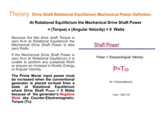 Theory
At Rotational Equilibrium the Mechanical Drive Shaft Power
= (Torque) x (Angular Velocity) = 0 Watts
Because the Ne...
