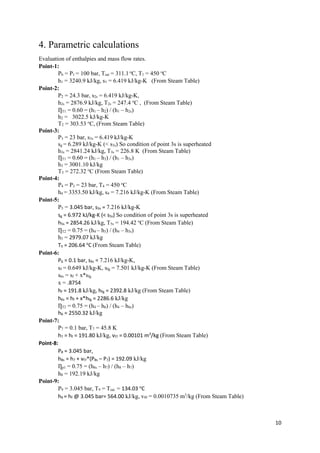 10
4. Parametric calculations
Evaluation of enthalpies and mass flow rates.
Point-1:
Pb = P1 = 100 bar, Tsat = 311.1 o
C, T1 = 450 o
C
h1 = 3240.9 kJ/kg, s1 = 6.419 kJ/kg-K (From Steam Table)
Point-2:
P2 = 24.3 bar, s2s = 6.419 kJ/kg-K,
h2s = 2876.9 kJ/kg, T2s = 247.4 o
C , (From Steam Table)
ȠT1 = 0.60 = (h1 – h2) / (h1 – h2s)
h2 = 3022.5 kJ/kg-K
T2 = 303.53 o
C, (From Steam Table)
Point-3:
P3 = 23 bar, s3s = 6.419 kJ/kg-K
sg = 6.289 kJ/kg-K (< s3s) So condition of point 3s is superheated
h3s = 2841.24 kJ/kg, T3s = 226.8 K (From Steam Table)
ȠT1 = 0.60 = (h1 – h3) / (h1 – h3s)
h3 = 3001.10 kJ/kg
T3 = 272.32 o
C (From Steam Table)
Point-4:
P4 = P3 = 23 bar, T4 = 450 o
C
h4 = 3353.50 kJ/kg, s4 = 7.216 kJ/kg-K (From Steam Table)
Point-5:
P5 = 3.045 bar, s5s = 7.216 kJ/kg-K
sg = 6.972 kJ/kg-K (< s5s) So condition of point 3s is superheated
h5s = 2854.26 kJ/kg, T5s = 194.42 o
C (From Steam Table)
ȠT2 = 0.75 = (h4 – h5) / (h4 – h5s)
h5 = 2979.07 kJ/kg
T5 = 206.64 o
C (From Steam Table)
Point-6:
P6 = 0.1 bar, s6s = 7.216 kJ/kg-K,
sf = 0.649 kJ/kg-K, sfg = 7.501 kJ/kg-K (From Steam Table)
s6s = sf + x*sfg
x = .8754
hf = 191.8 kJ/kg, hfg = 2392.8 kJ/kg (From Steam Table)
h6s = hf + x*hfg = 2286.6 kJ/kg
ȠT2 = 0.75 = (h4 – h6) / (h4 – h6s)
h6 = 2550.32 kJ/kg
Point-7:
P7 = 0.1 bar, T7 = 45.8 K
h7 = hf = 191.80 kJ/kg, vf7 = 0.00101 m3
/kg (From Steam Table)
Point-8:
P8 = 3.045 bar,
h8s = h7 + vf7*(P8s – P7) = 192.09 kJ/kg
Ƞp1 = 0.75 = (h8s – h7) / (h8 – h7)
h8 = 192.19 kJ/kg
Point-9:
P9 = 3.045 bar, T9 = Tsat. = 134.03 o
C
h9 = hf @ 3.045 bar= 564.00 kJ/kg, vf9 = 0.0010735 m3
/kg (From Steam Table)
 