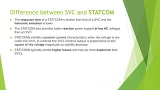 Difference between SVC and STATCOM
 The response time of a STATCOM is shorter than that of a SVC and the
harmonic emission is lower.
 The STATCOM also provides better reactive power support at low AC voltages
than an SVC.
 STATCOMs exhibits constant current characteristics when the voltage is low
under the limit. In contrast the SVC's reactive output is proportional to the
square of the voltage magnitude.so stability decrease.
 STATCOMs typically exhibit higher losses and may be more expensive than
SVCs.
23
 