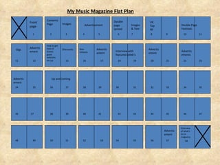 My Music Magazine Flat Plan Front page Contents Page Double page  spread Images & Text Images UK Top 40 Interview with featured celeb’s Double Page Festivals Advertisements Gigs Advertisement How to get hold of tickets good websites etc New releases Overview of what's inc in magazine Discounts Advertisement Advertisement Advertisement Advertisement Advertisement Up and coming  1 3 2 4 5 9 8 7 6 10 11 15 33 13 12 19 18 17 16 22 20 21 23 24 25 26 27 28 29 30 31 35 34 14 32 38 37 36 41 40 39 47 46 45 44 43 42 54 53 52 51 50 49 48 55 56 57 58 