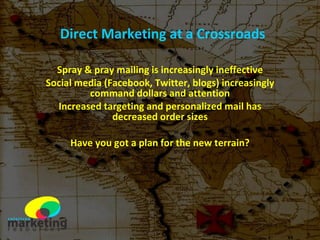 Direct Marketing at a Crossroads Spray & pray mailing is increasingly ineffective Social media (Facebook, Twitter, blogs) increasingly command dollars and attention Increased targeting and personalized mail has decreased order sizes Have you got a plan for the new terrain? 